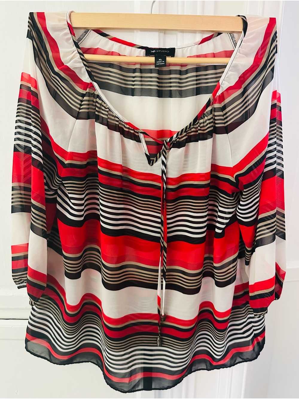 AB Studio Red, Black and White Striped Peasant Tunic size XL